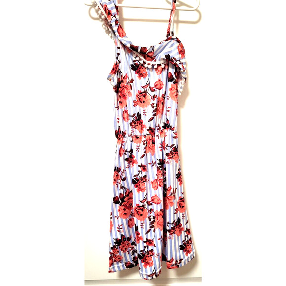 Blue White Striped Floral Assymetrical Off Shoulder HiLo Skirted Romper Size 4T - Picture 5 of 10